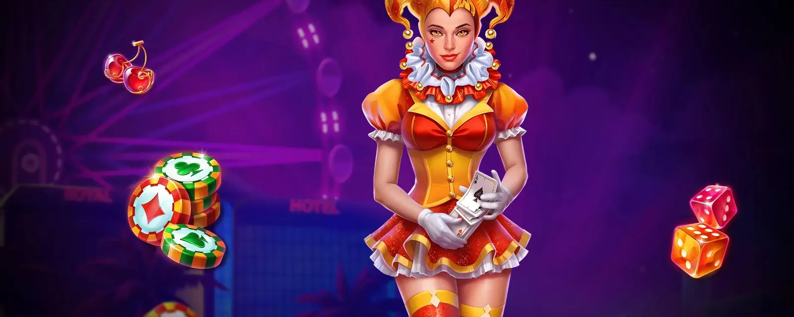 Arlequín de la promoción Joker de Mostbet con dados y fichas