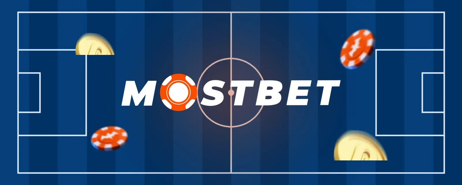 Cancha de fútbol con el logo de Mostbet y fichas naranjas