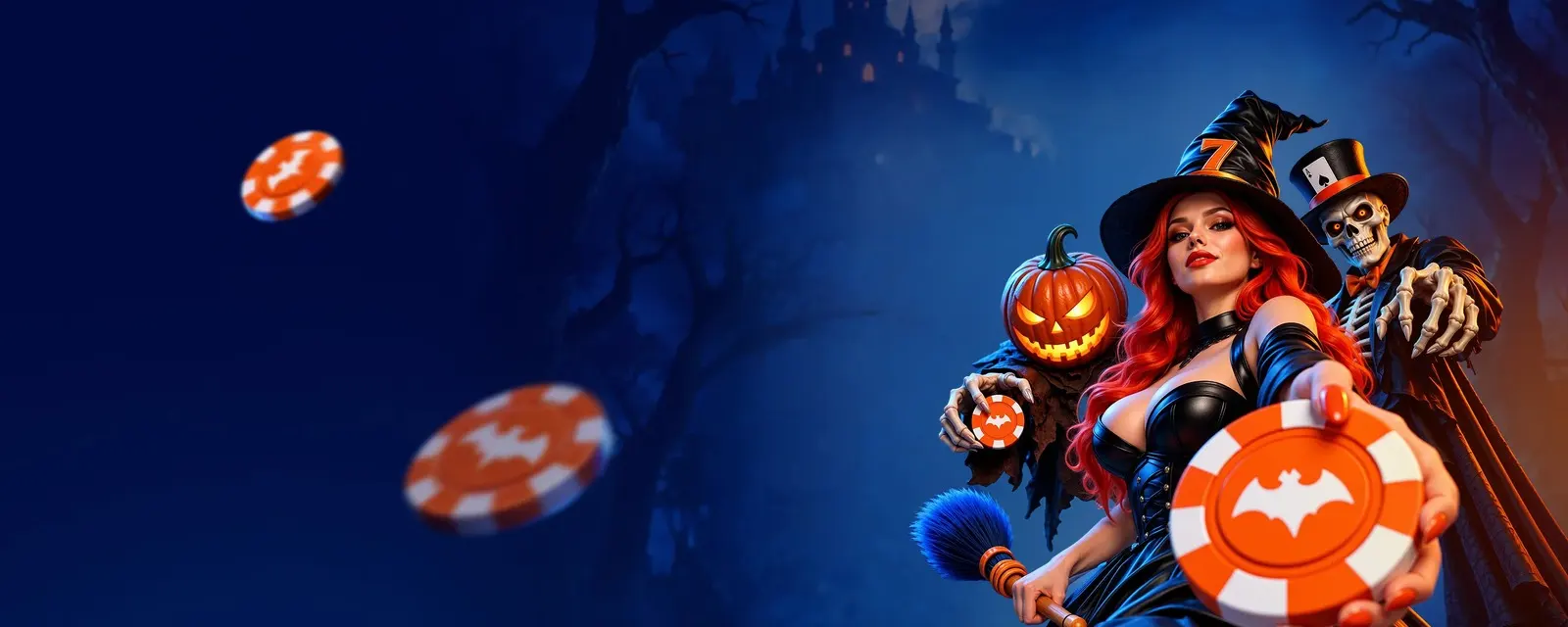 Bruja y esqueleto de Halloween Monster Party de Mostbet con fichas naranjas